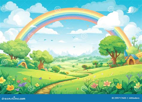 A Vibrant Rainbow Arching Over A Lush Green Field Stock Image Image