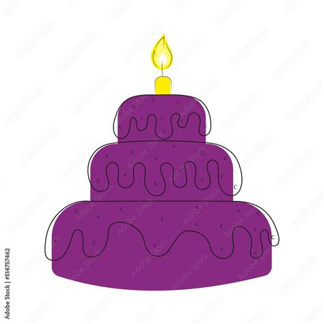 Happy Birthday purple cake with burning candle. Hand drawn bakery ...