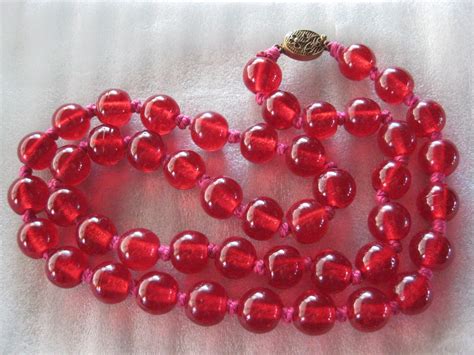 Vintage 26” Long Ruby Red Round Clear Glass Bead Necklace Hand Knotted Haute Juice