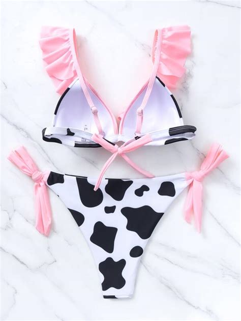 SHEIN Swim Vcay Cow Print Ruffle Trim Push Up Tie Side Bikini Swimsuit