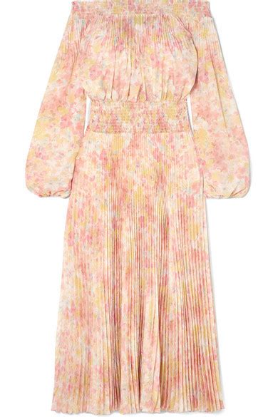 Prada Off The Shoulder Shirred Floral Print Pliss Satin Maxi Dress