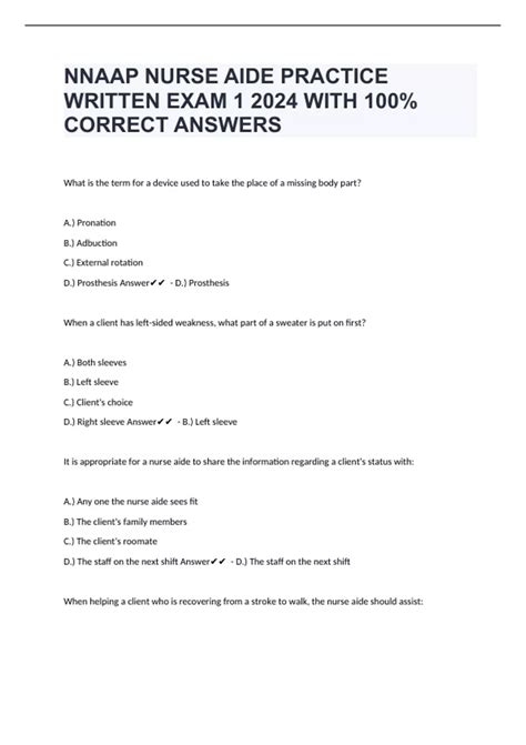 NNAAP NURSE AIDE PRACTICE WRITTEN EXAM 1 2024 WITH 100 CORRECT ANSWERS