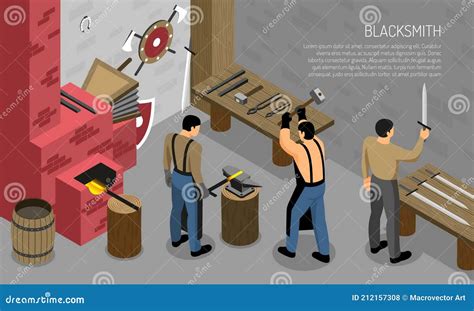 Blacksmith Craft Isometric Composition With Masters In Work Shop