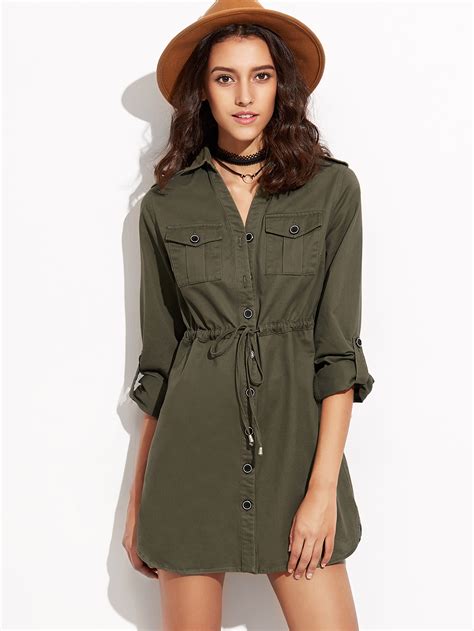 Vestido Camisero Con Bolsillo Verde Militar Spanish Shein Sheinside