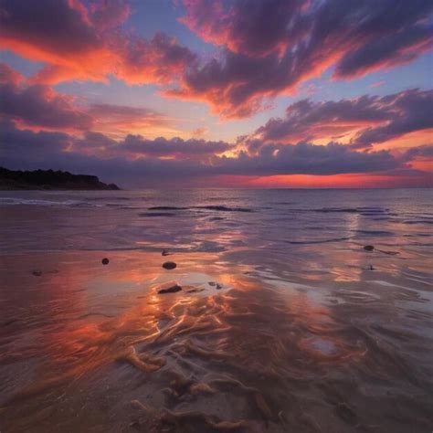 A sunset over a beach with a pink and purple sky | Premium AI-generated ...