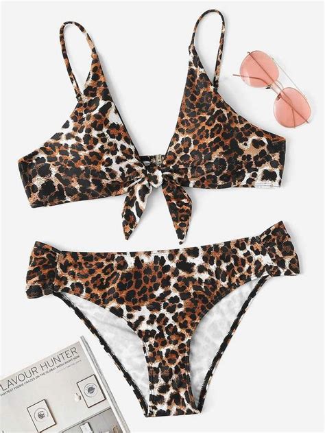 Shein Plus Leopard Knot Front Top With Seam Bikini Set Bikinis Women