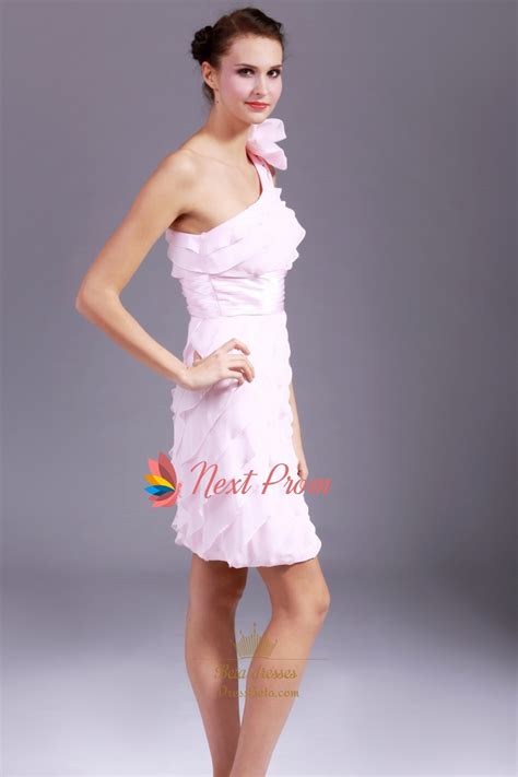 Light Pink One Shoulder Short Prom Dress Ruffle Chiffon Cocktail Dress