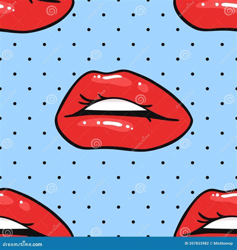 Seamless Pattern With Female Lips With Gloss Red Lipstick Pop Art