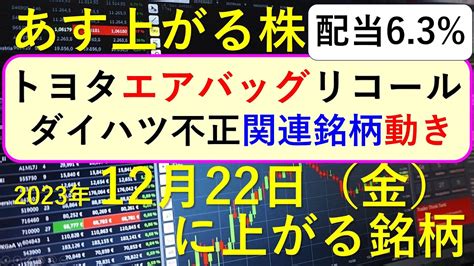 あす上がる株 2023年12月22日（金）に上がる銘柄 ～最新の日本株での株式投資のお話です。トヨタ自動車がエアバッグのリコールとダイハツ工業