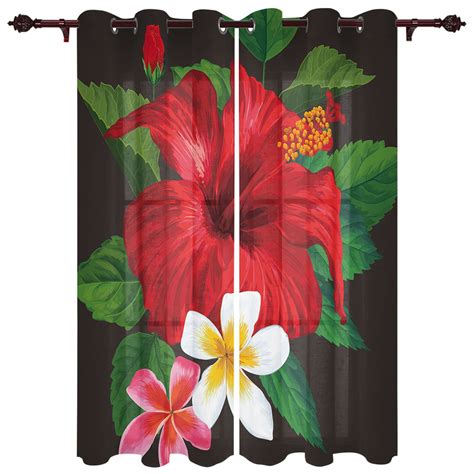 Tropical Red Hibiscus Floral Green Palm Leaves Window Curtains For