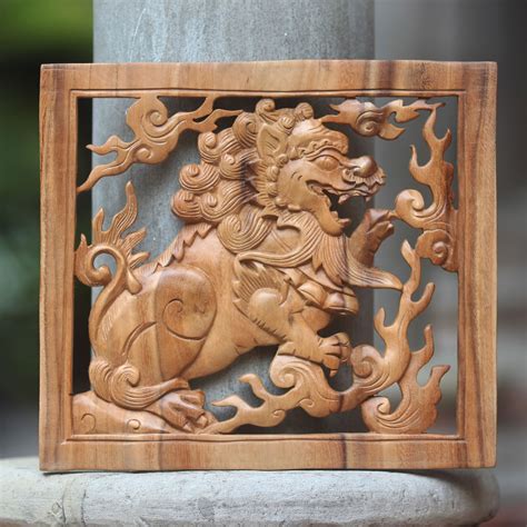 UNICEF Market Hand Carved Balinese Suar Wood Relief Panel Balinese Lion