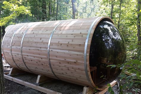 Panorama Barrel Sauna Met Veranda Red Cedar Knotty Ticra Outdoor