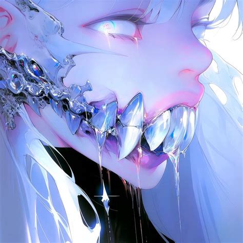 An Anime Girl With Ice On Her Face And Teeth Dripping Water From Her Mouth