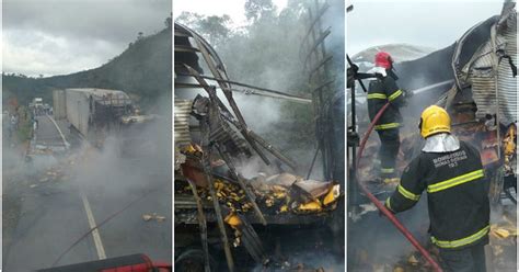 G Carreta Pega Fogo Ap S Acidente Na Br Em Bom Jardim De Minas