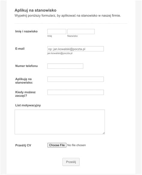 Podanie o Pracę Szablon Formularza Jotform