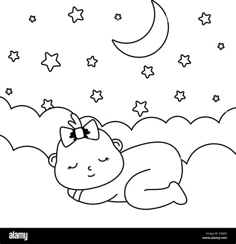 Baby Sleeping Over A Cloud With Starry Sky And Moon Vector Illustration