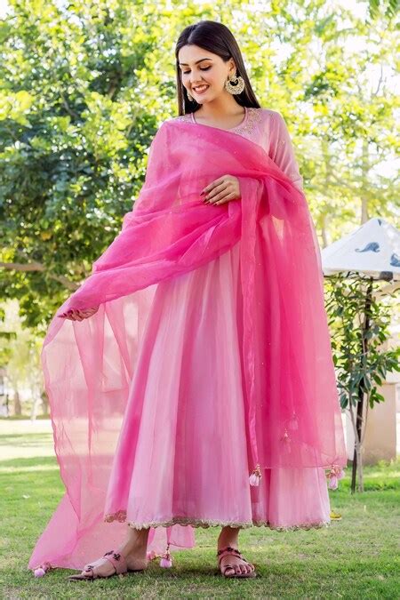 Buy Pink Chanderi Embroidered Gota Work Round Anarkali With Dupatta For