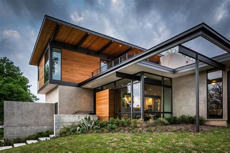 Concrete Wood And Metal Beams Multi Level Hilltop Residence In Austin