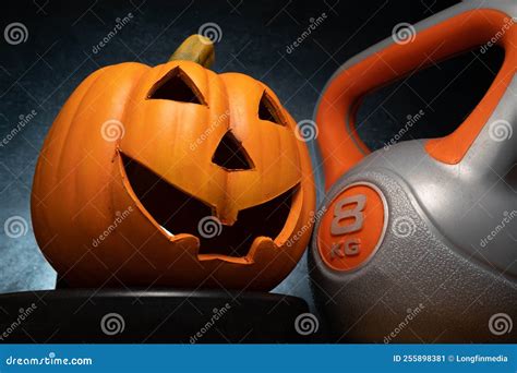 Halloween Pumpkin Decoration and Heavy Gym Kettlebell. Stock Image - Image of healthy, face ...