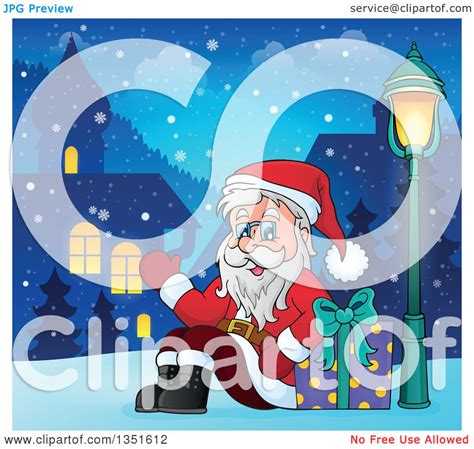 Clipart Of A Cartoon Christmas Santa Claus Waving And Sitting With A