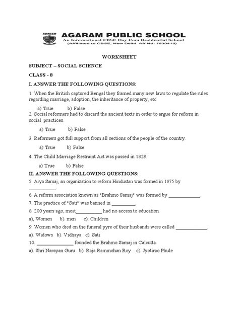 Class 8 Worksheet Pdf