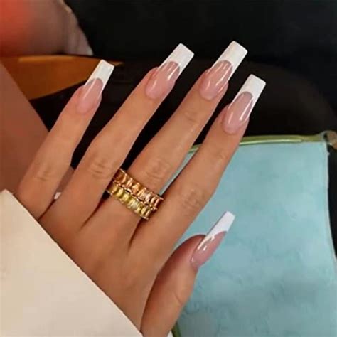 Foamee French Tip Press On Nails Long Nude Fake Nails With Designs