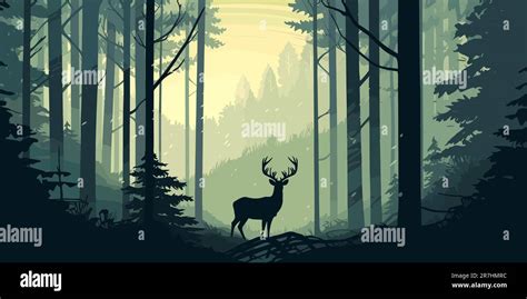 Deer Standing On The Dreamy Forest Background Vector Poster Design In