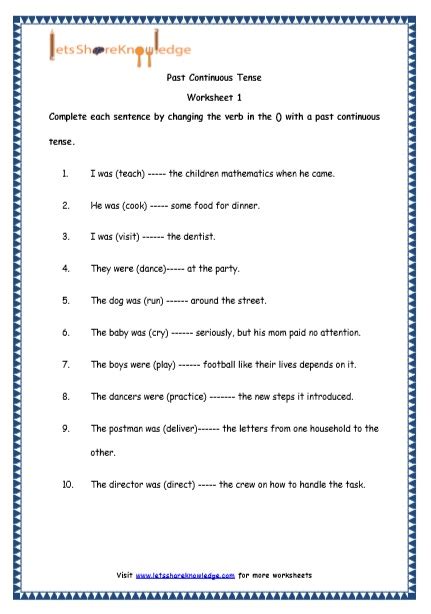 Grade 4 English Resources Printable Worksheets Topic Past Continuous Tenses Lets Share Knowledge