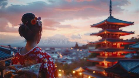 Women with Kimono at Traditional Japanese Temple at Sunset Stock ...