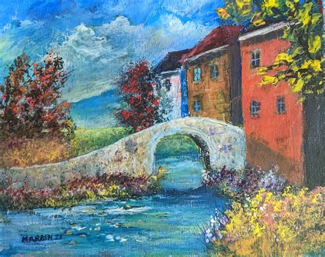 Italian village painting. Original landscape bridge village | Etsy