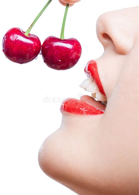 Close Up of Girl with Red Lips Eating Strawberry Stock Image - Image of ...