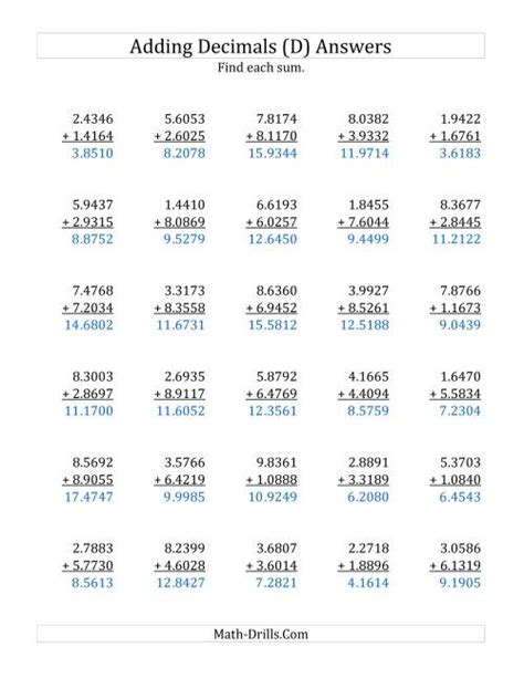 Adding Decimal Ten Thousandths With 1 Digit Before The Decimal Range 1 0001 To 9 9999 D