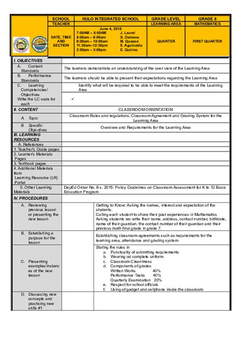 Doc Grade Level Grade 8 Teacher Learning Area Mathematics Date Time And Section Kerry John