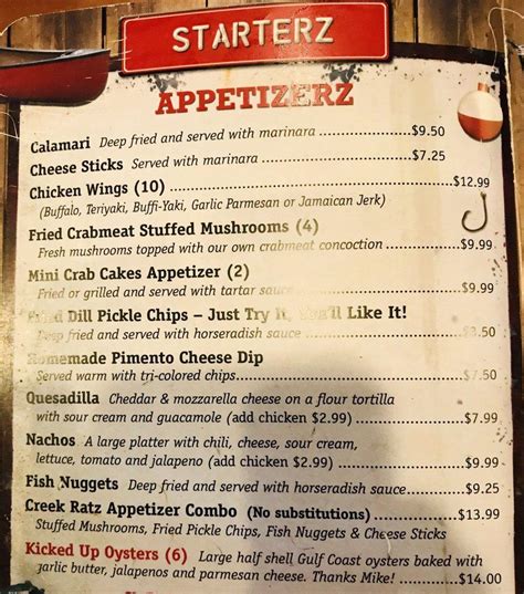 Menu at Creek Ratz restaurant, Murrells Inlet, US-17 BUS