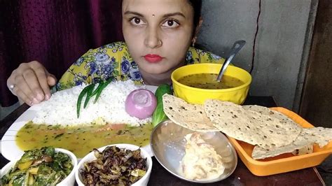 Eating Homemade Food Daal Chawal Karela Fry Aloo Mooli Sag Papad Bread