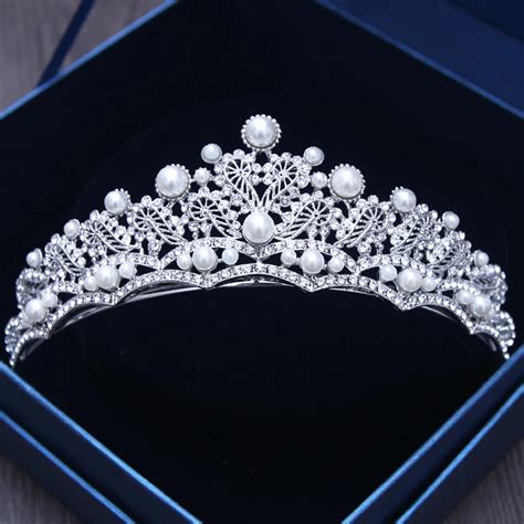 Jonnafe Luxury Crystal Pearl Princess Tiara Crown Silver Wedding Hair