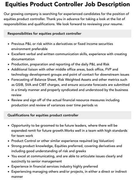 Equities Product Controller Job Description Velvet Jobs