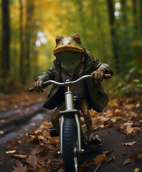 Um Sapo Fofo Em Uma Minibike Andando Por Uma Floresta Foto Premium