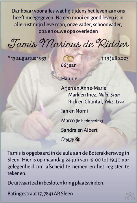 Tamis Marinus De Ridder 19 07 2023 Overlijdensbericht En Condoleances