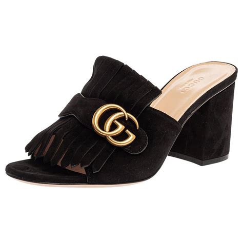 Gucci Black Suede Gg Marmont Fringed Slide Sandals Size 39 At 1stdibs