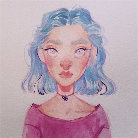 A Drawing Of A Woman With Blue Hair And Pink Shirt On Looking At The