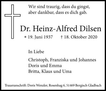 Traueranzeigen Von Heinz Alfred Dilsen WirTrauern