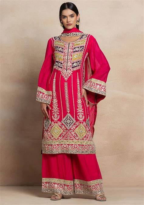 Buy Women Pink Embellished Sharara Set With Zari Mirror Embellished