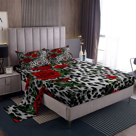 Yst Grey Cheetah Print King Sheet Set Red Rose Flower Sheets Leopard