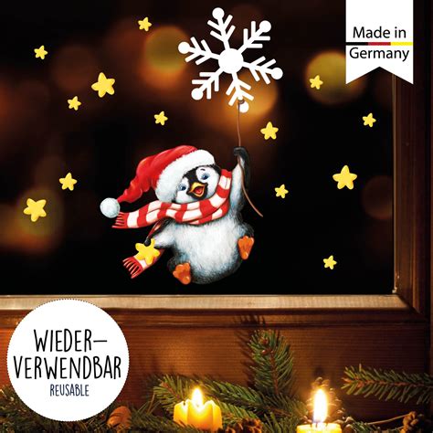 Fensterbild Weihnachten Winter Pinguin Schneeflocken Kinderzimmer