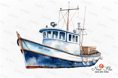 Retro Fishing Boat Watercolor Clipart Graphic By Graftify Creative