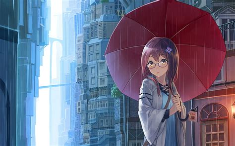 Hd Wallpaper Anime Girl With Umbrellas In Rain Brown Haired Woman