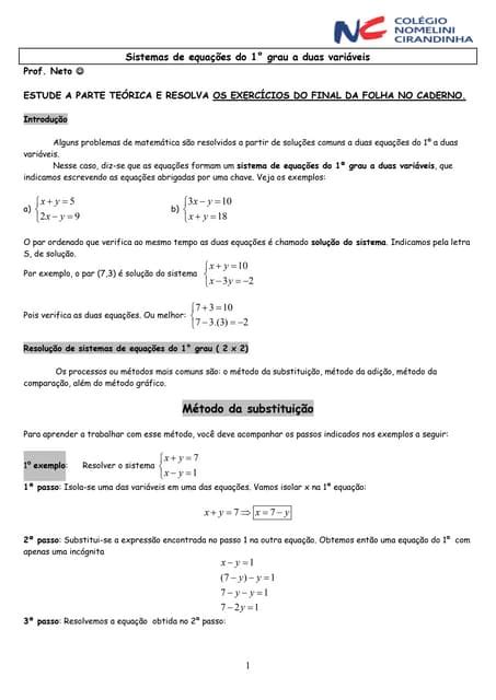 Exercícios sistemas de equações | PDF