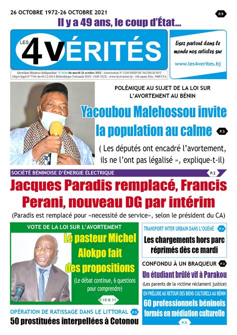 La Une du journal Les 4 Vérités du 26 octobre 2021 Les 4 VERITES