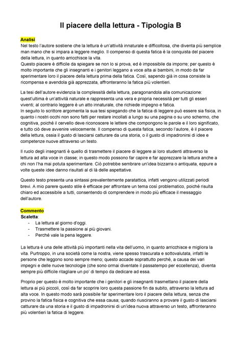 Tema Sul Piacere Della Lettura Esame Di Stato Tipologia B Il